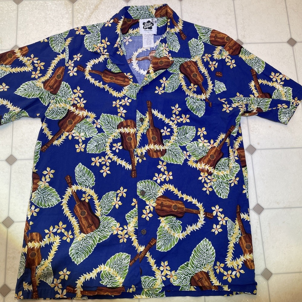 Vintage Hilo Hattie Hawaiian Shirt Men's Size‎ L Flowers Made In USA Camp Guitar - Picture 3 of 8